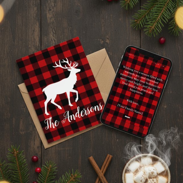 Cartão De Festividades Rustic Plaid Deer Personalized Holiday Card (Criador carregado)