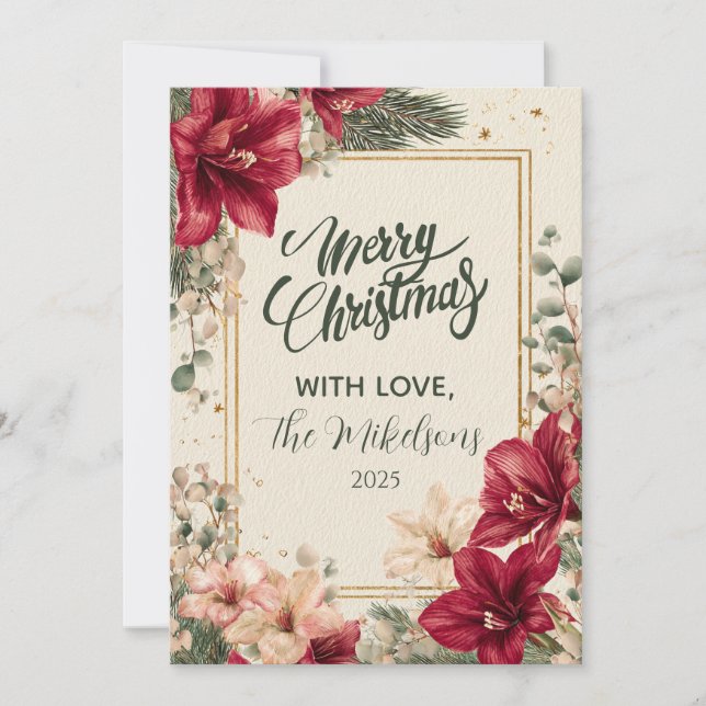 Cartão De Festividades Rustic Red Amaryllis Natal (Frente)