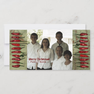 Cartão De Festividades Rustic Red Peppers Green Wood Photo Christmas Card