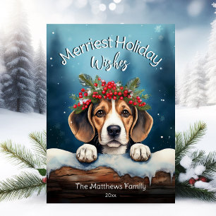 Cartão De Festividades Rustic Snowy Merriest Christmas Deseja Beagle Dog