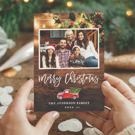 Cartão De Festividades Rustic String Lights Red Christmas Truck Foto
