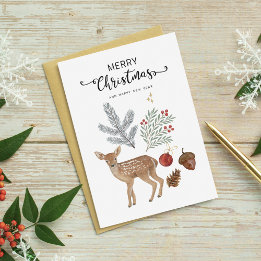 Cartão De Festividades Rustic Watercolor Deer e Botanicals Natal