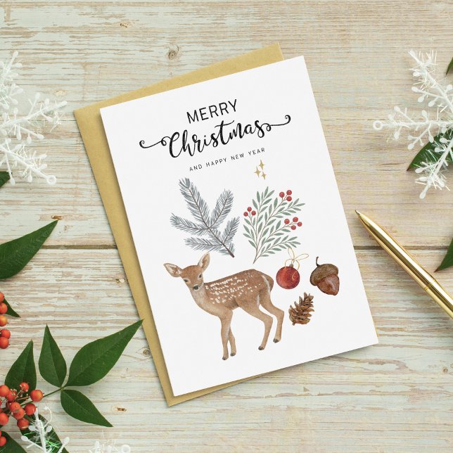 Cartão De Festividades Rustic Watercolor Deer e Botanicals Natal (Criador carregado)