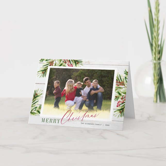 Cartão De Festividades Rustic Watercolor Garland Foto Feliz Natal (Frente)