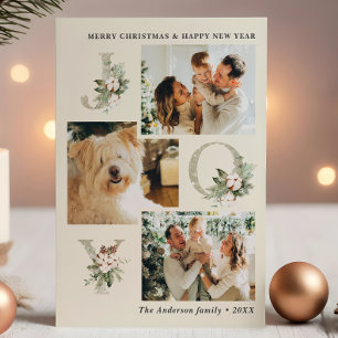 Cartão De Festividades Rustic Watercolor Joy 3-Photo Natal