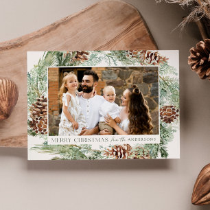 Cartão De Festividades Rustic Watercolor Pine Cone Wreath Photo