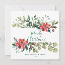 Cartão De Festividades Rustic Watercolor Winter Greenery com Flores Verme