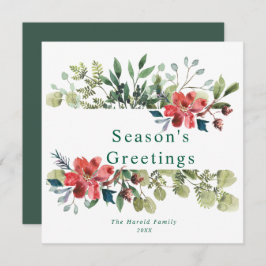 Cartão De Festividades Rustic Watercolor Winter Greenery com Flores Verme