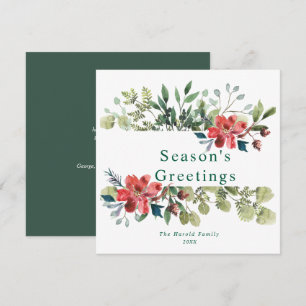 Cartão De Festividades Rustic Watercolor Winter Greenery com Flores Verme