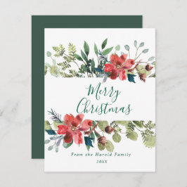 Cartão De Festividades Rustic Watercolor Winter Greenery com Flores Verme