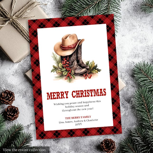 Cartão De Festividades Rustic Western Red Tartan Holiday Greeting Card (Rustic Western Red Tartan Holiday Greeting Card)
