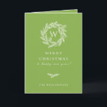 Cartão De Festividades Rustic Winter Wreath Green<br><div class="desc">Monograma russo branco da coroa de inverno,  cartões de natal em verde festivo. A placa apresenta dentro de padrão e várias linhas de modelo para a sua saudação personalizada.</div>
