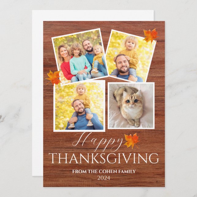 Cartão De Festividades Rustic Wood Fall Leaves thanksgiving family photo (Frente/Verso)