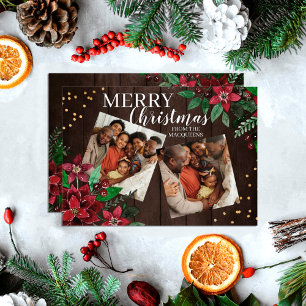Cartão De Festividades Rustic Wood Poinsettia Floral Confetti Natal