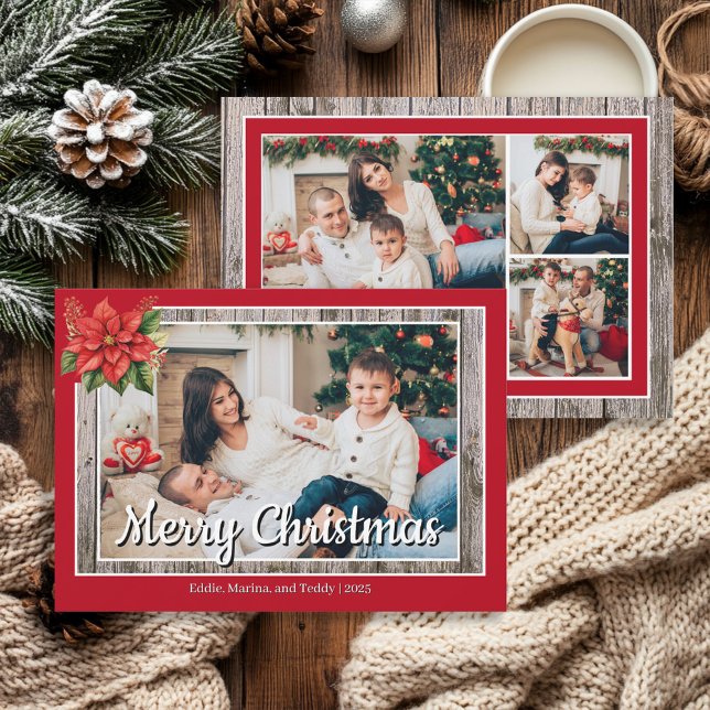 Cartão De Festividades Rustic Wood Red Family 4 Foto Feliz Natal (Red and rustic wood, 4-photo "Merry Christmas" greeting card)