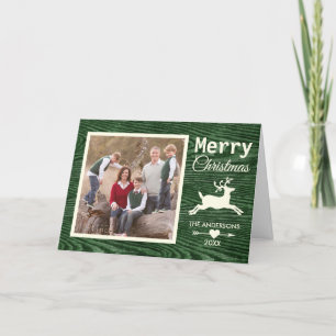 Cartão De Festividades Rustic Wood Reindeer Green Christmas Family Photo