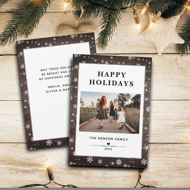 Cartão De Festividades Rustic Wood Snowflake Felry Foto de Natal Holida (Criador carregado)