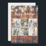 Cartão De Festividades Rustic Wood String Lights 6 Photo Collage Holiday<br><div class="desc">Fundo de madeira rústica Feliz Feriado com luzes de cordas em segundo plano que podem ser personalizadas com 6 fotos.</div>