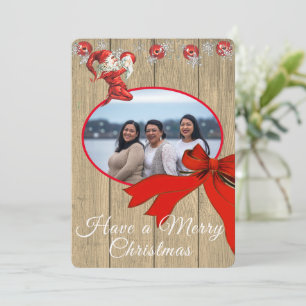 Cartão De Festividades Rustic Wood Vintage Red Elf Foto Feliz Natal