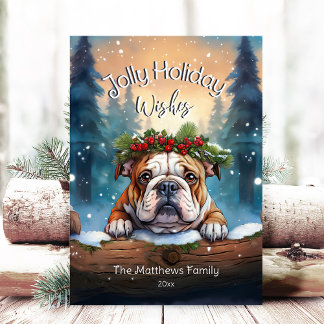 Cartão De Festividades Rustic Woodland Forest Peeking Bulldog Jolly