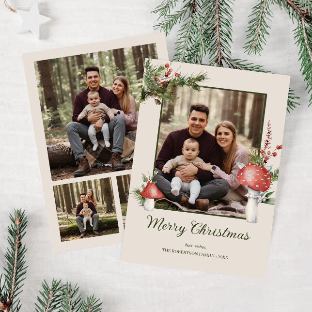 Cartão De Festividades Rustic Woodland Mushroom Natal 4 Foto (Criador carregado)