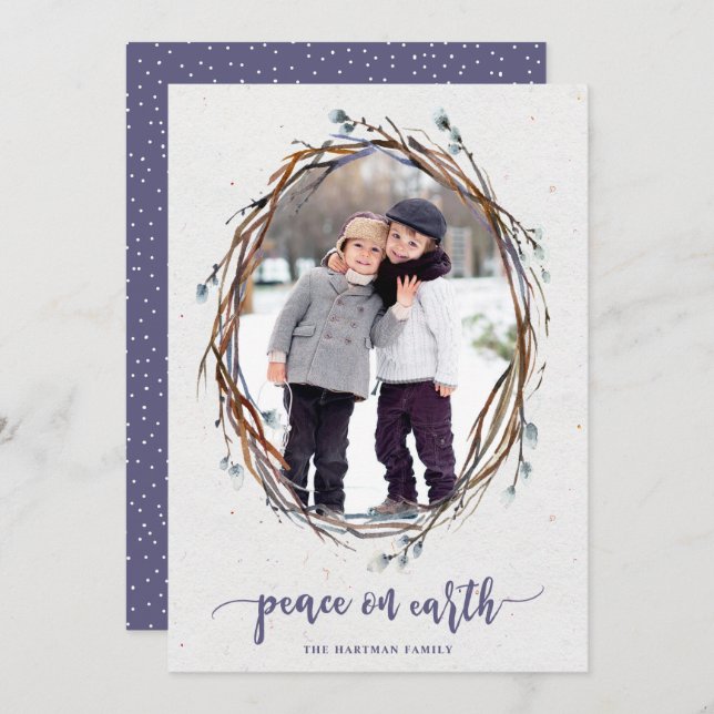 Cartão De Festividades Rustic Wreath Peace on Earth Photo Purple (Frente/Verso)