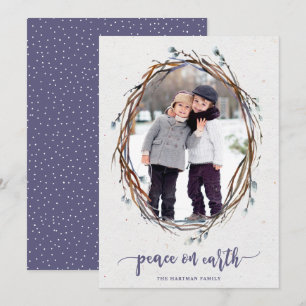 Cartão De Festividades Rustic Wreath Peace on Earth Photo Purple