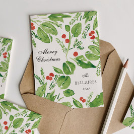 Cartão De Festividades Sabpy Holly Green e Red Watercolor Natal