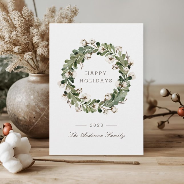 Cartão De Festividades Sage Buffalo Check Christmas Cotton Wreath (Criador carregado)