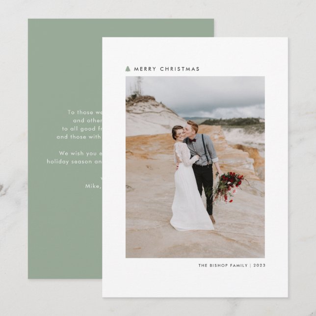 Cartão De Festividades Sage Christmas Tree Modern Modern Merry Photo (Frente/Verso)