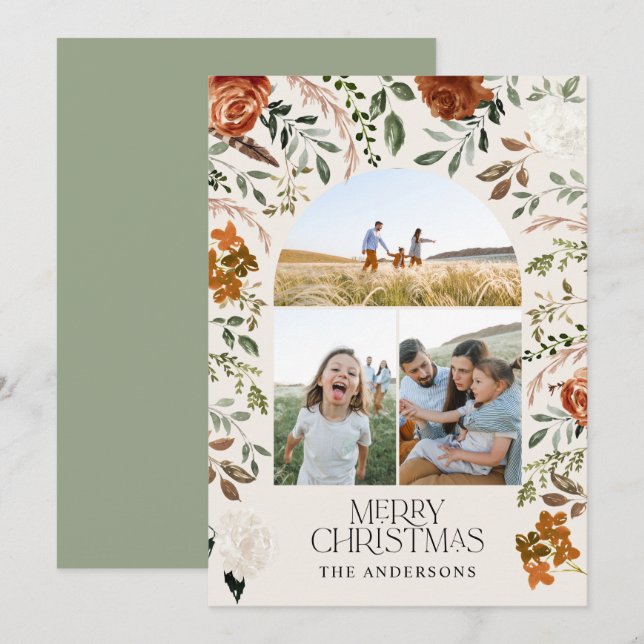 Cartão De Festividades Sage green 3 foto botânica elegante feriado de arc (Frente/Verso)