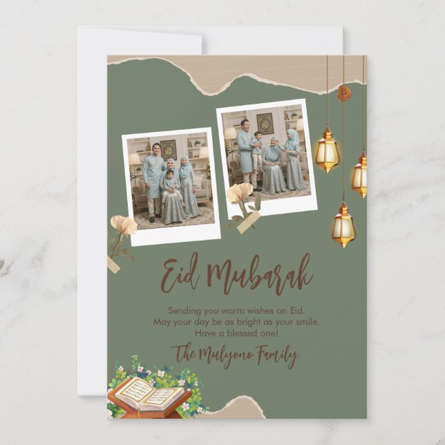 Cartão De Festividades Sage Green Aesthetic Eid Mubarak Card with Photo (Frente)