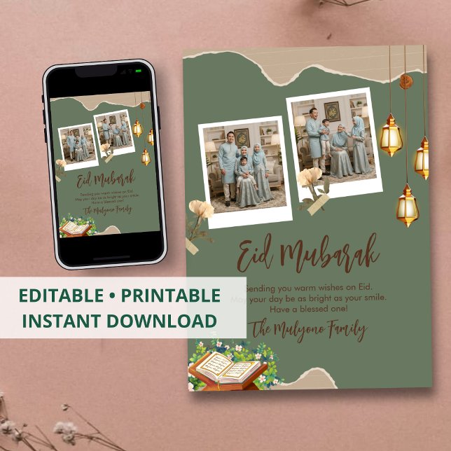 Cartão De Festividades Sage Green Aesthetic Eid Mubarak Card with Photo (Criador carregado)
