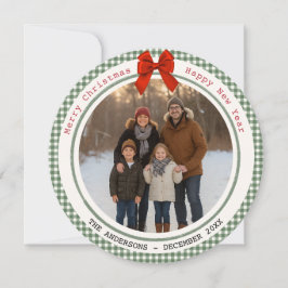 Cartão De Festividades Sage Green Gingham Plaid Circle Photo Christmas