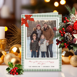 Cartão De Festividades Sage Green Gingham Plaid Photo Christmas