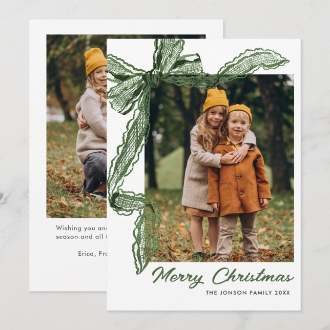 Cartão De Festividades Sage Green Lace Christmas Bow Ribbon 2 Photo (Frente/Verso)