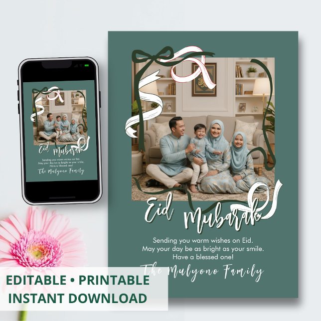 Cartão De Festividades Sage Green Modern Ribbon Family Photo Eid Mubarak (Criador carregado)