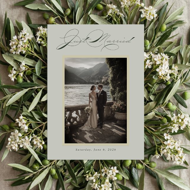 Cartão De Festividades Sage Green Olive Branch Monogram Just Married (Criador carregado)