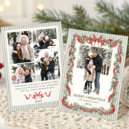 Cartão De Festividades Sage Green Stripped Red Bow Christmas 5 Photo