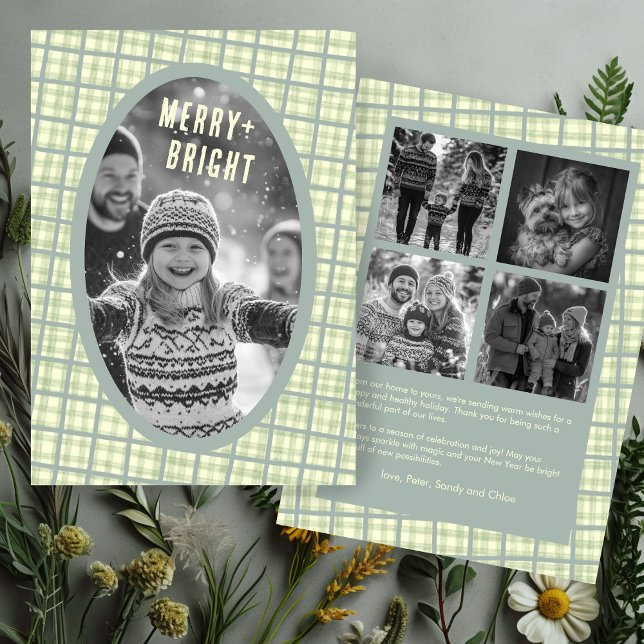 Cartão De Festividades Sage Plaid Gingham Christmas Custom Photo Collage (Sage Plaid Gingham Christmas Custom 5 Photo Collage Holiday Card
)