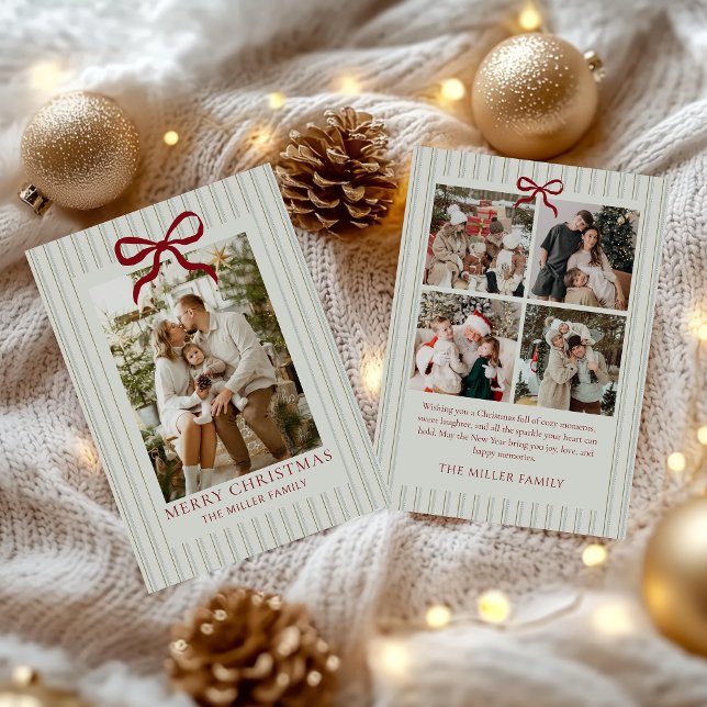 Cartão De Festividades Sage Stripe Family Photo Christmas Holiday Card (Criador carregado)