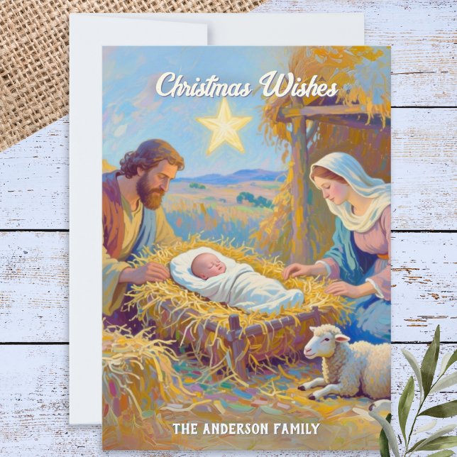 Cartão De Festividades Sagrada Família Menino no Presépio Arte de Natal N (A rustic personalized Christmas card with nativity scene)