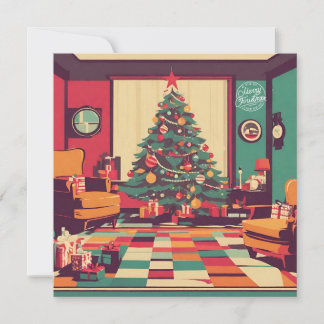 Cartão De Festividades Sala de estar retrô de Natal com árvore de Natal