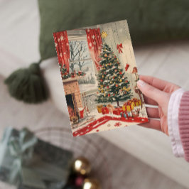 Cartão De Festividades Sala de estar vintage de Natal com casa festiva
