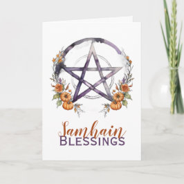 Cartão De Festividades Samhain Blessings Pumpkins e Pentacle Halloween