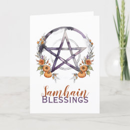 Cartão De Festividades Samhain Blessings Pumpkins e Pentacle Halloween