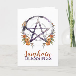 Cartão De Festividades Samhain Blessings Pumpkins e Pentacle Halloween