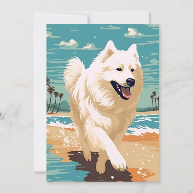 Cartão De Festividades Samoyed na praia (Frente)