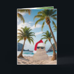 Cartão De Festividades Sandman de Natal Tropical<br><div class="desc">Sandman bonito numa praia tropical com palmeiras</div>
