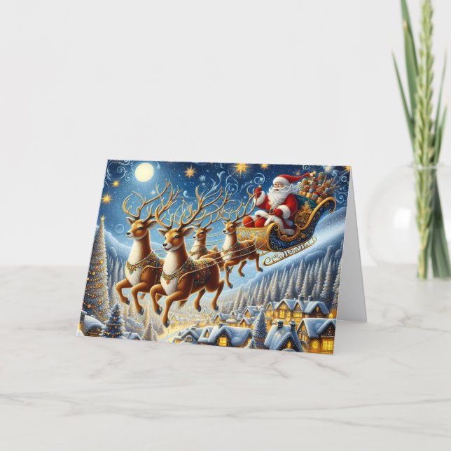 Cartão De Festividades Santa and Golden Reindeer Holiday Card (Frente)